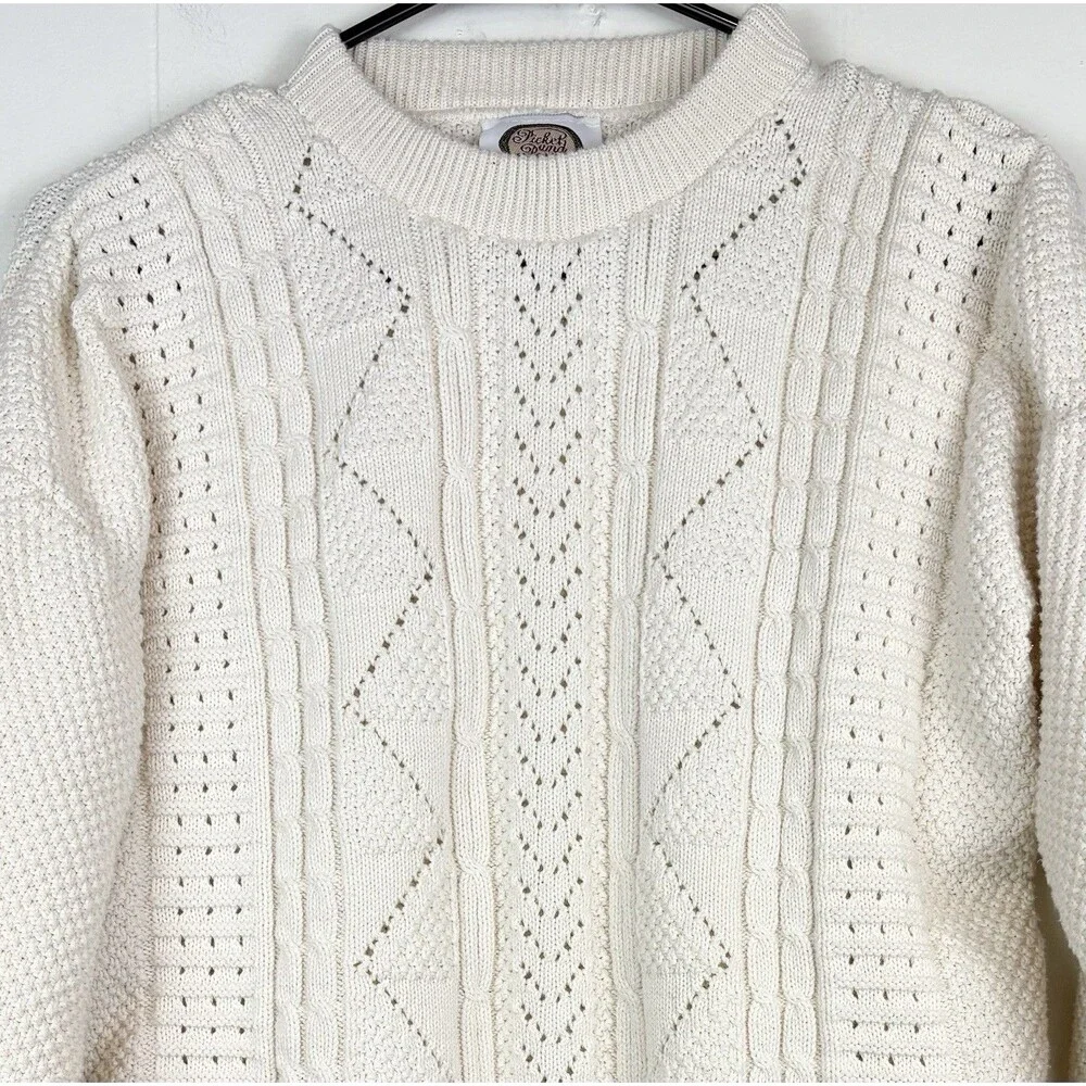 Womens L Vintage Sweater Knit Cream Cotton Grannycore 90s Mom Fisherman Crewneck - Picture 2 of 9